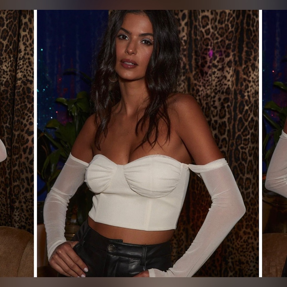 Cream crop top with mesh sleeves